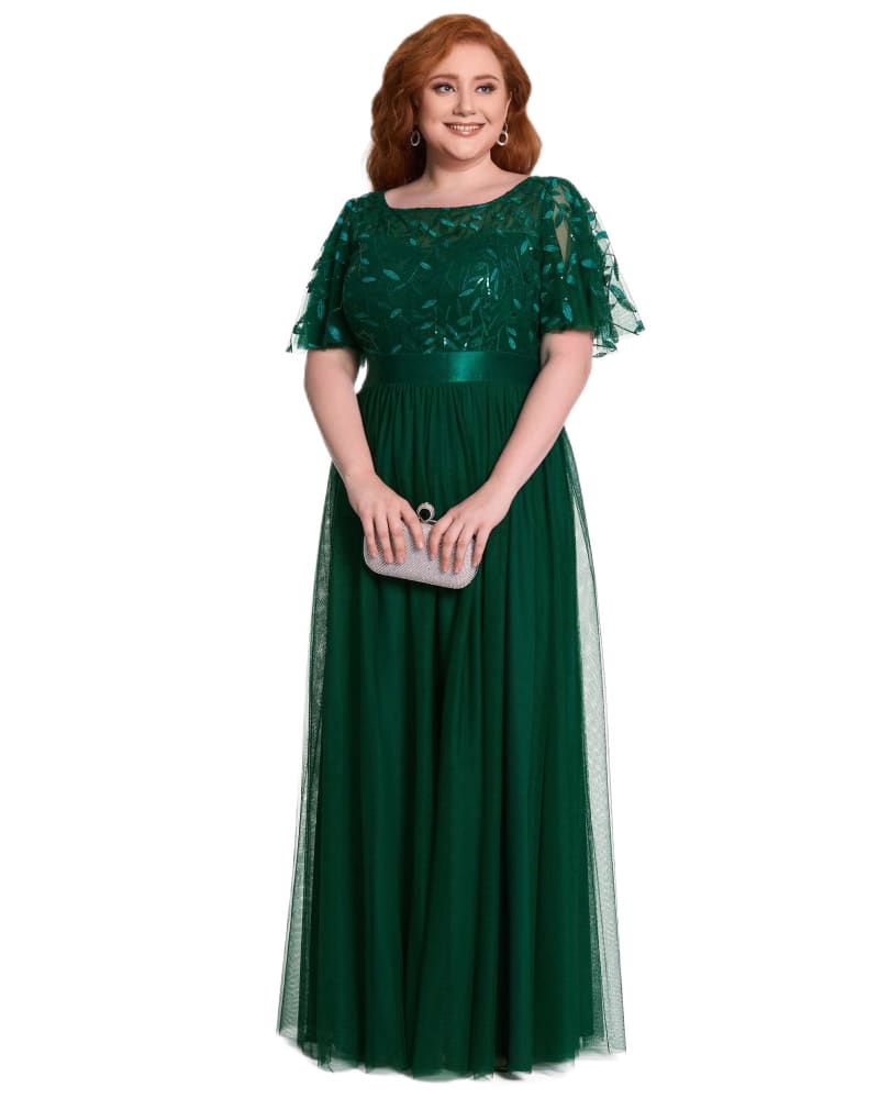 Front of a model wearing a size 20 Sequin Leaf Floor-length Evening Dress in Dark Green by Ever-Pretty. | dia_product_style_image_id:285744